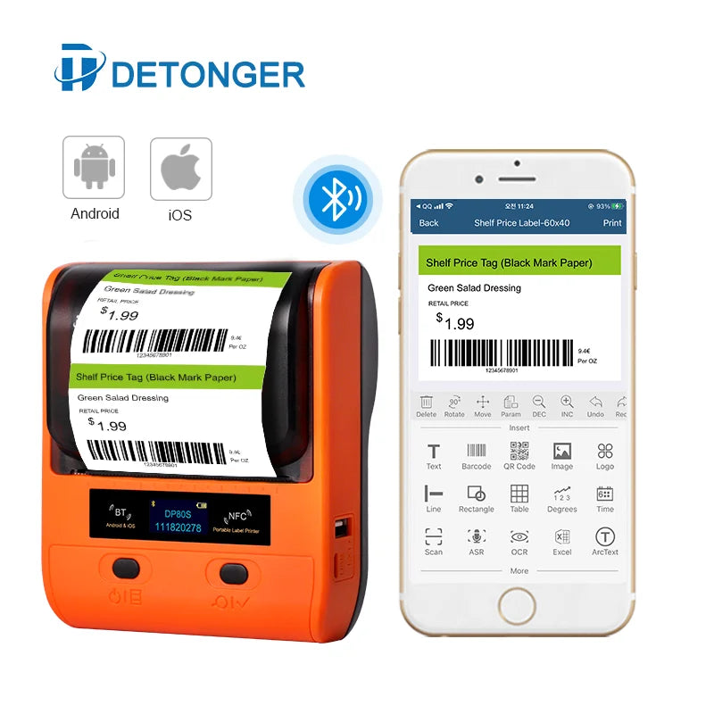 DETONGER DP80S Portable Thermal Label Printer - 30-80mm Bluetooth