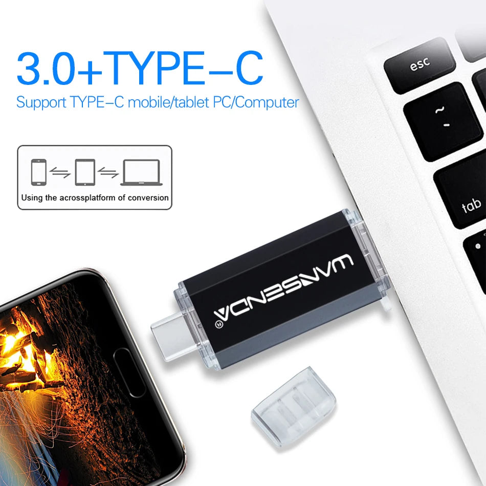WANSENDA OTG Type-C USB 3.0 Flash Drive - 16GB to 512GB, 6 Colours