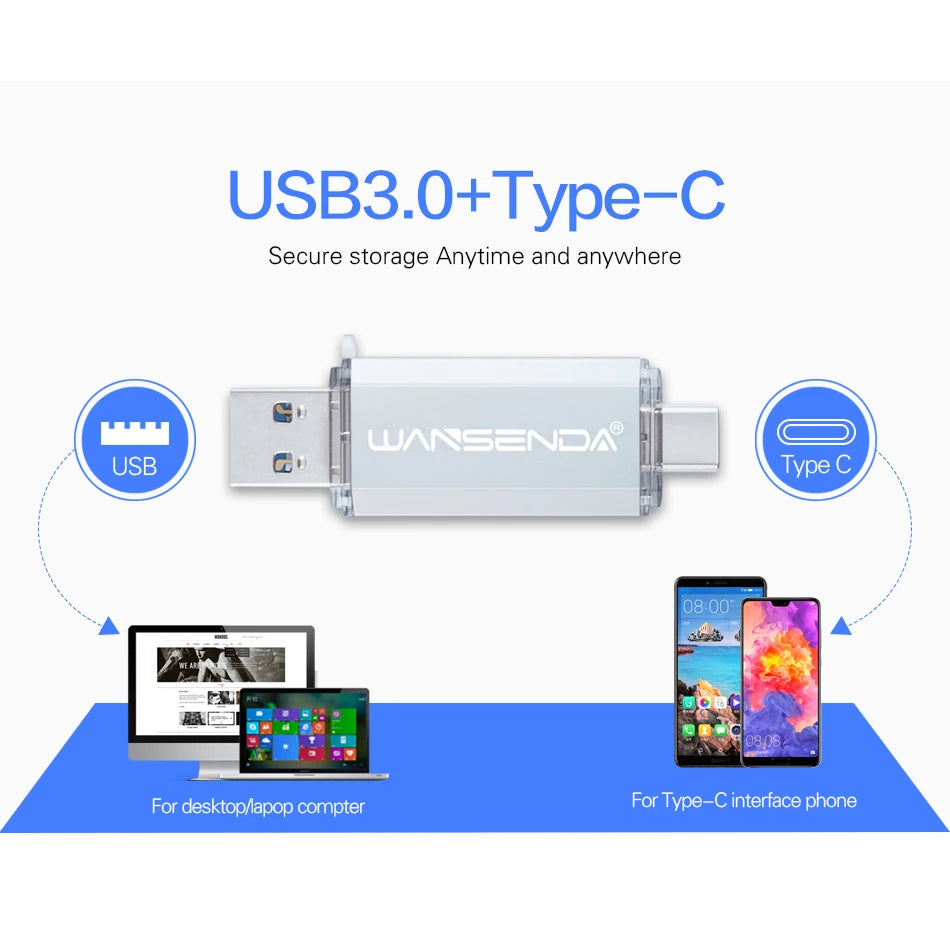 WANSENDA OTG Type-C USB 3.0 Flash Drive - 16GB to 512GB, 6 Colours