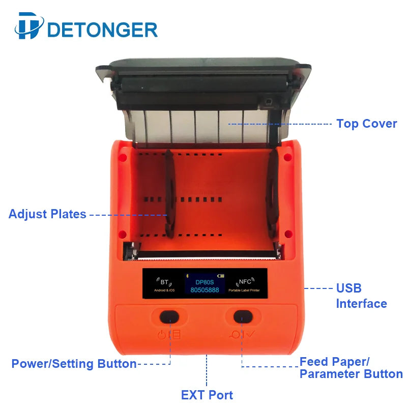 DETONGER DP80S Portable Thermal Label Printer - 30-80mm Bluetooth