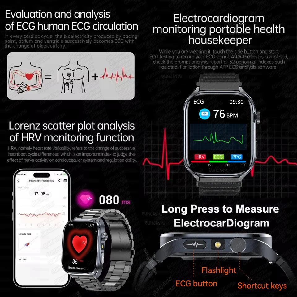 2025 ECG Smart Watch - Blood Lipid, Blood Pressure, BT Call & AI Diagnosis