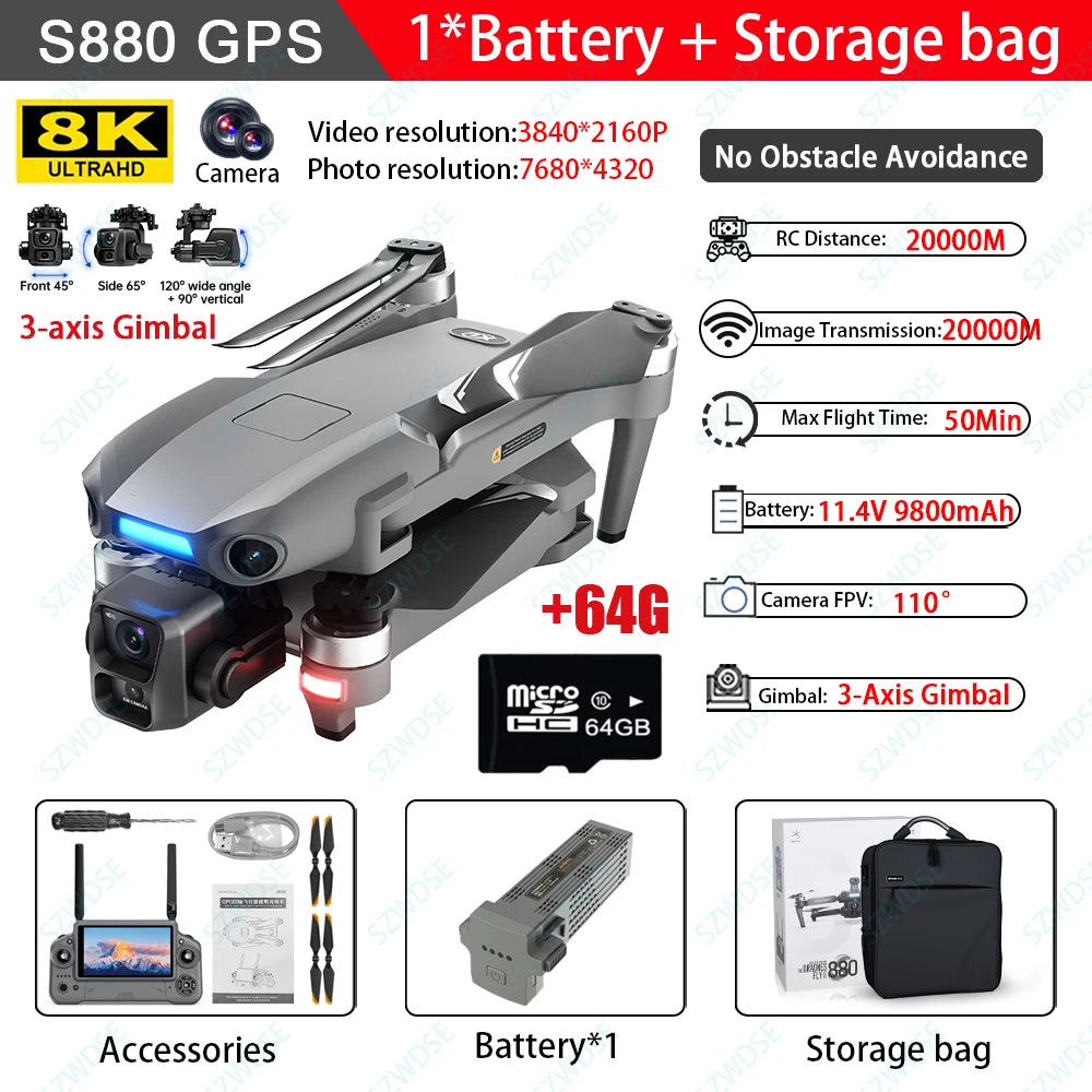 S880 Max 8K GPS Fishing Drone - Dual Camera, 3-Axis Gimbal & Airdrop