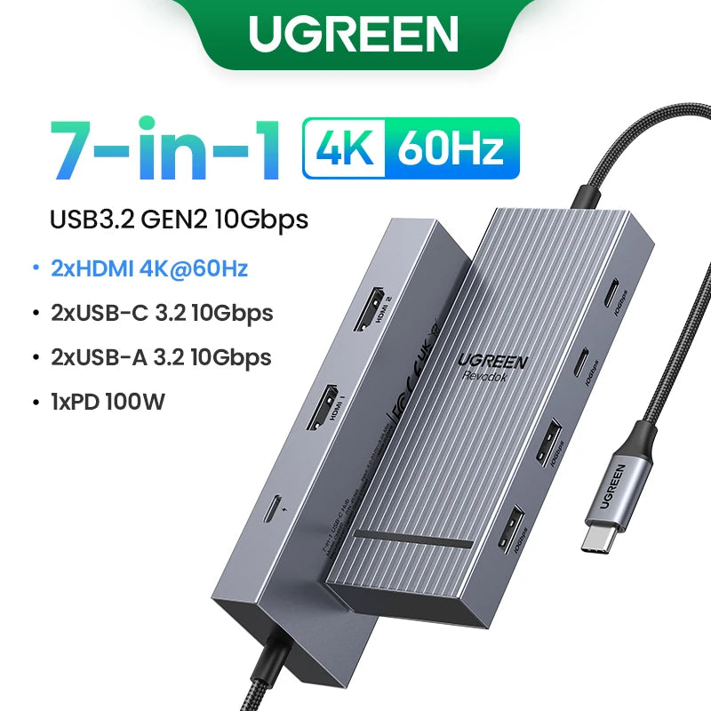 UGREEN USB-C Hub 4K120Hz DP - 2x HDMI, 10Gbps USB 3.2 Gen2 & RJ45
