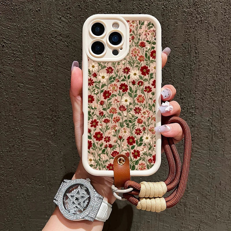 Flower Pattern Lanyard iPhone Case - PC+TPU, iPhone 7 to 17 Pro Max