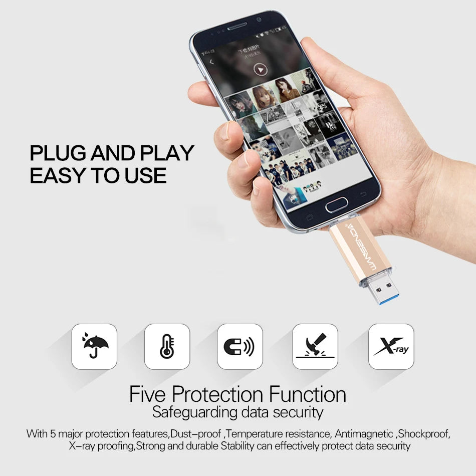 WANSENDA OTG Type-C USB 3.0 Flash Drive - 16GB to 512GB, 6 Colours