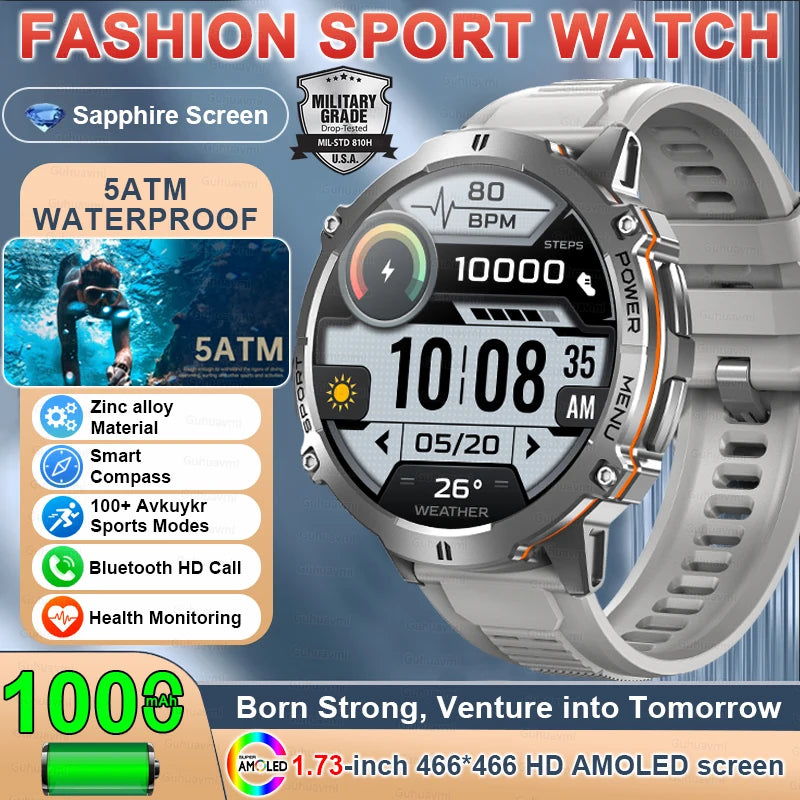 2025 Military GPS Smartwatch - 1.73" AMOLED, 1000mAh, 5ATM & BT Call