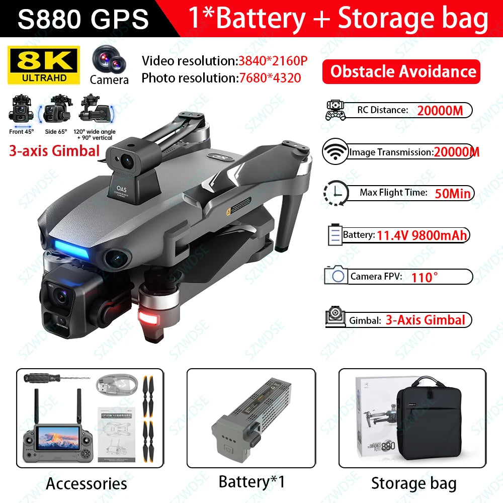 S880 Max 8K GPS Fishing Drone - Dual Camera, 3-Axis Gimbal & Airdrop