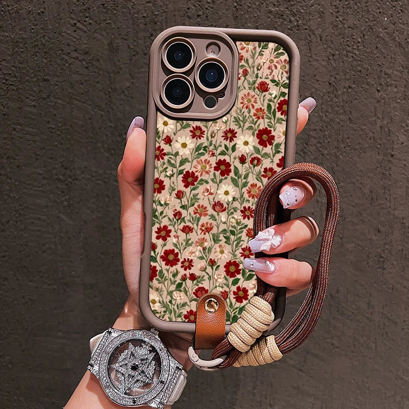Flower Pattern Lanyard iPhone Case - PC+TPU, iPhone 7 to 17 Pro Max