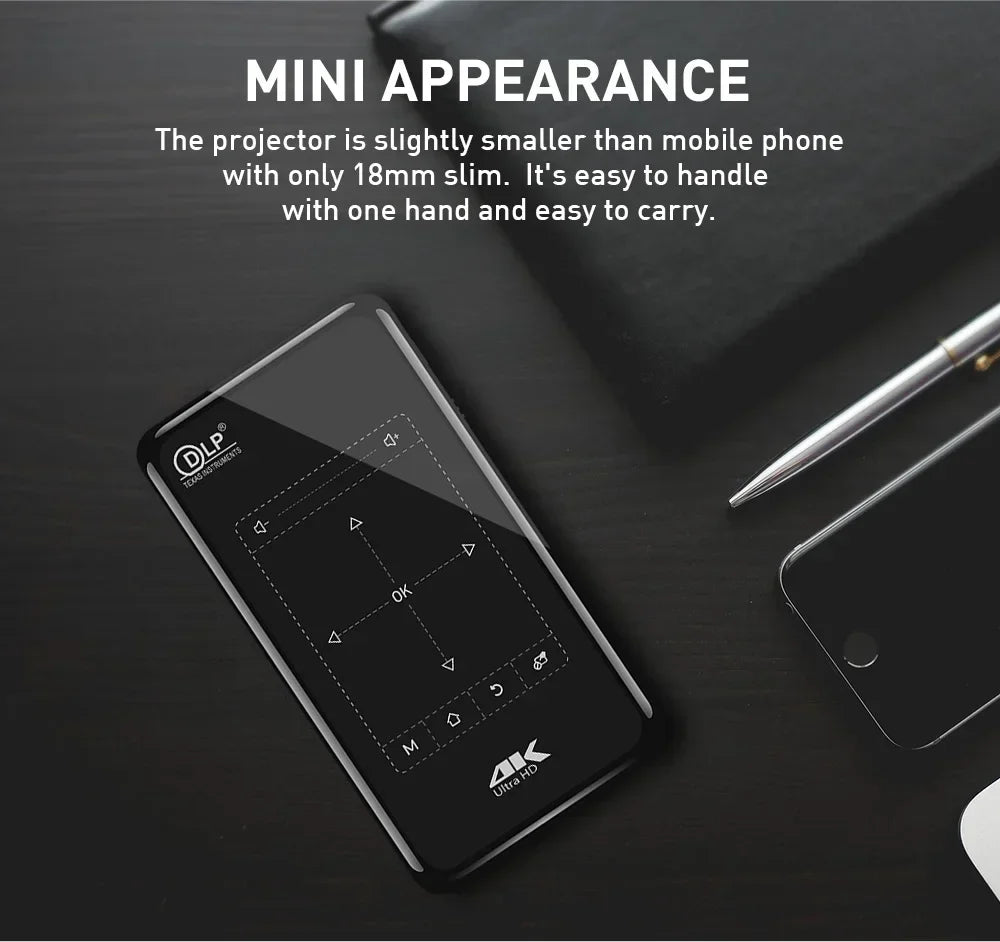 P09-II Mini DLP Smart Projector - 4K Support, WiFi, Battery Powered