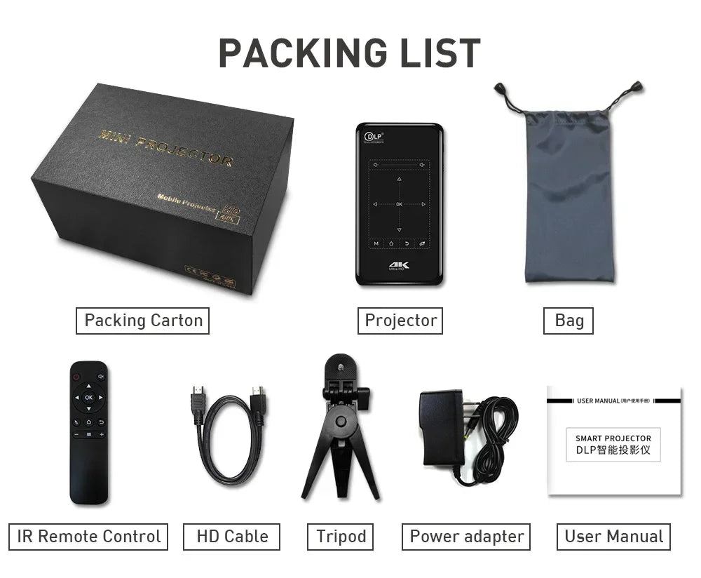 P09-II Mini DLP Smart Projector - 4K Support, WiFi, Battery Powered