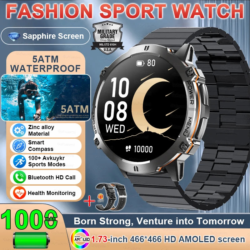 2025 Military GPS Smartwatch - 1.73" AMOLED, 1000mAh, 5ATM & BT Call