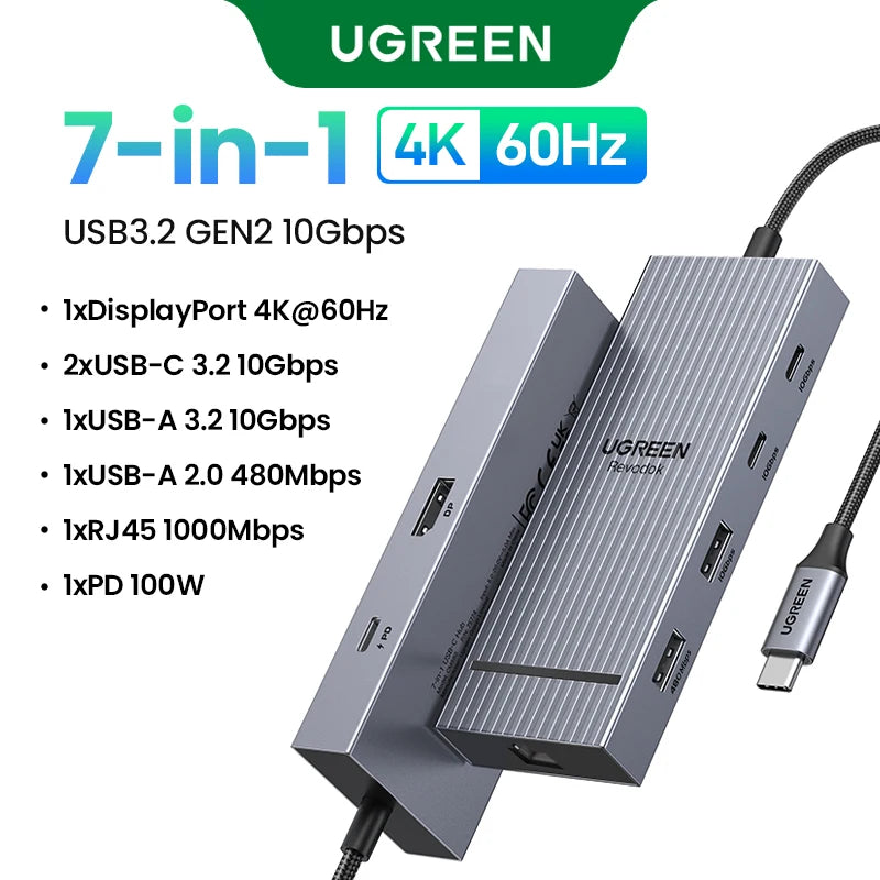 UGREEN USB-C Hub 4K120Hz DP - 2x HDMI, 10Gbps USB 3.2 Gen2 & RJ45