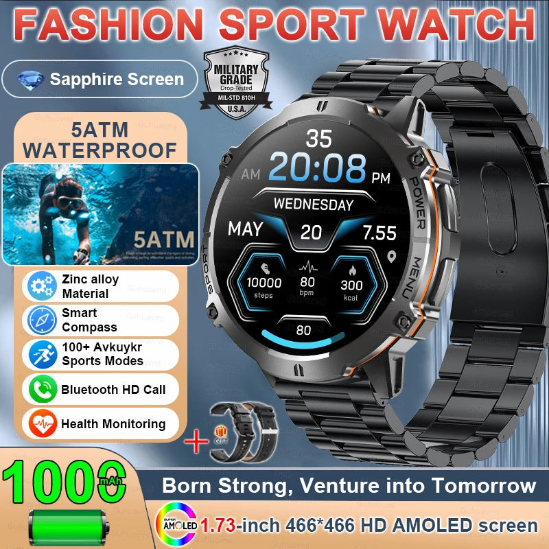 2025 Military GPS Smartwatch - 1.73" AMOLED, 1000mAh, 5ATM & BT Call