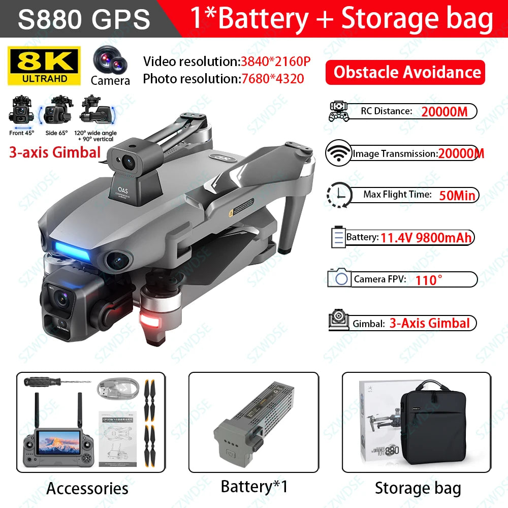 S880 Max 8K GPS Fishing Drone - Dual Camera, 3-Axis Gimbal & Airdrop