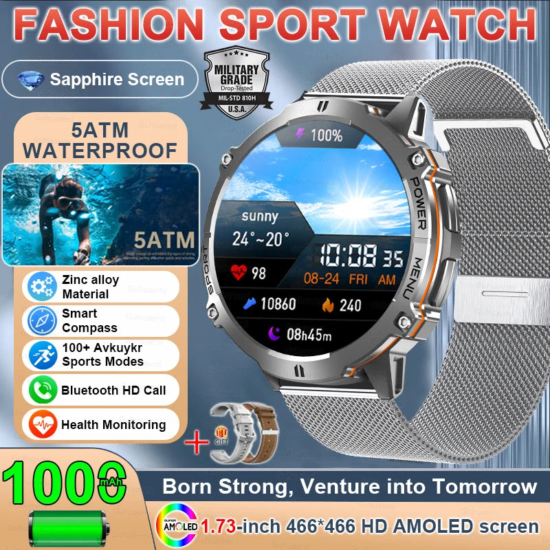 2025 Military GPS Smartwatch - 1.73" AMOLED, 1000mAh, 5ATM & BT Call