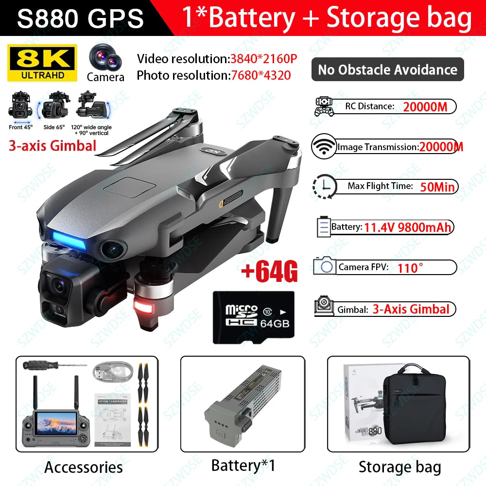 S880 Max 8K GPS Fishing Drone - Dual Camera, 3-Axis Gimbal & Airdrop