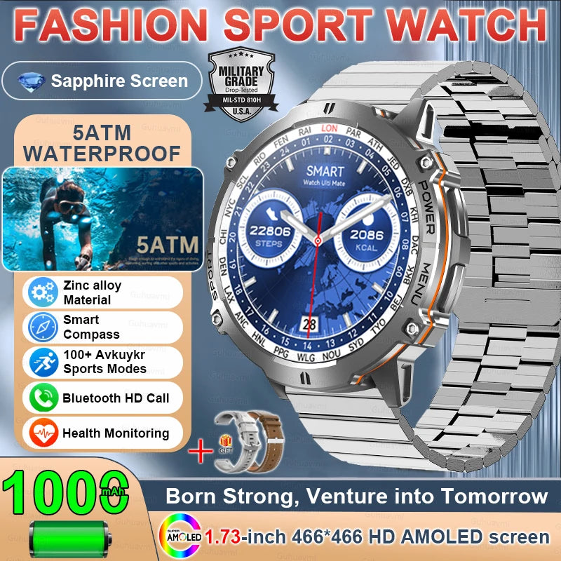 2025 Military GPS Smartwatch - 1.73" AMOLED, 1000mAh, 5ATM & BT Call