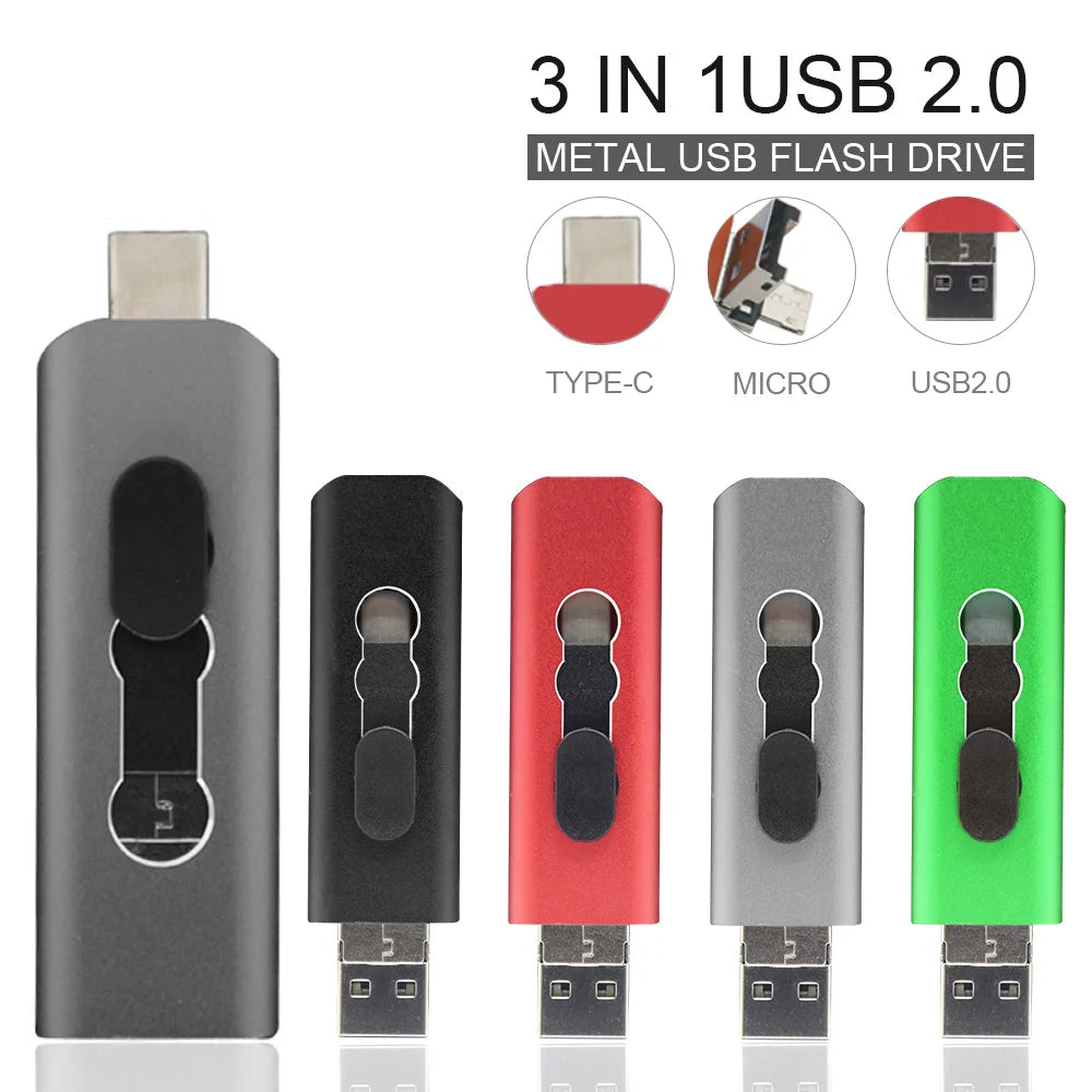 KFHIREW 3-in-1 Metal USB Drive - USB 2.0 + Type-C + Micro USB OTG