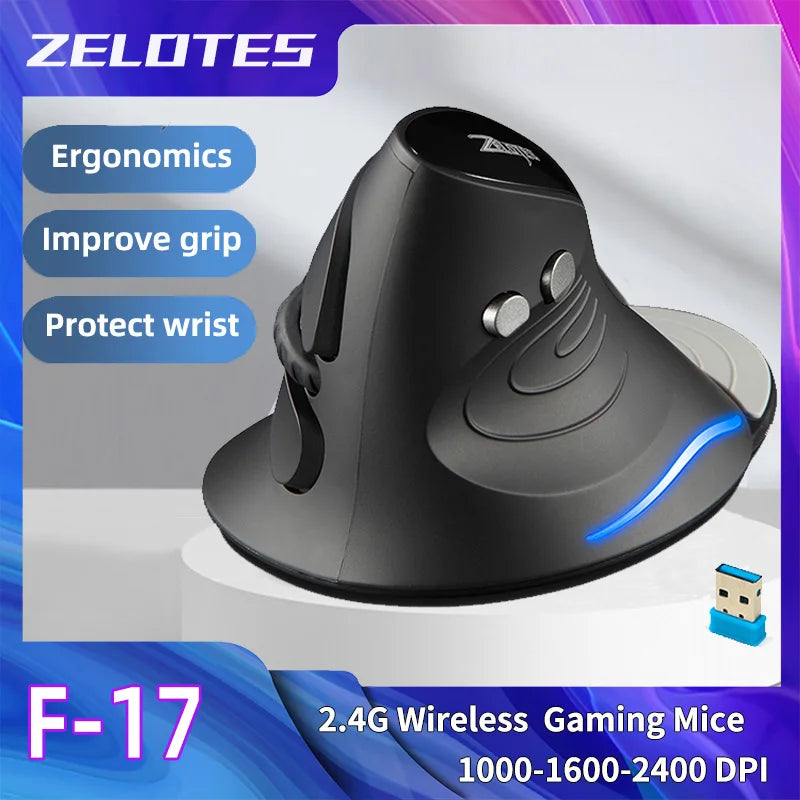 Zelotes F-17 Vertical 2.4G Wireless Gaming Mouse - 2400 DPI, 6 Buttons