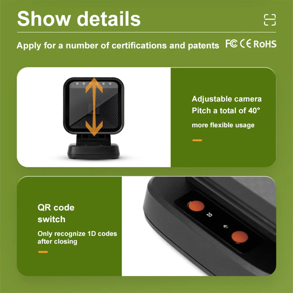 TD-X1 Hands-Free 2D Barcode Scanner - Desktop QR and 1D/2D Reader
