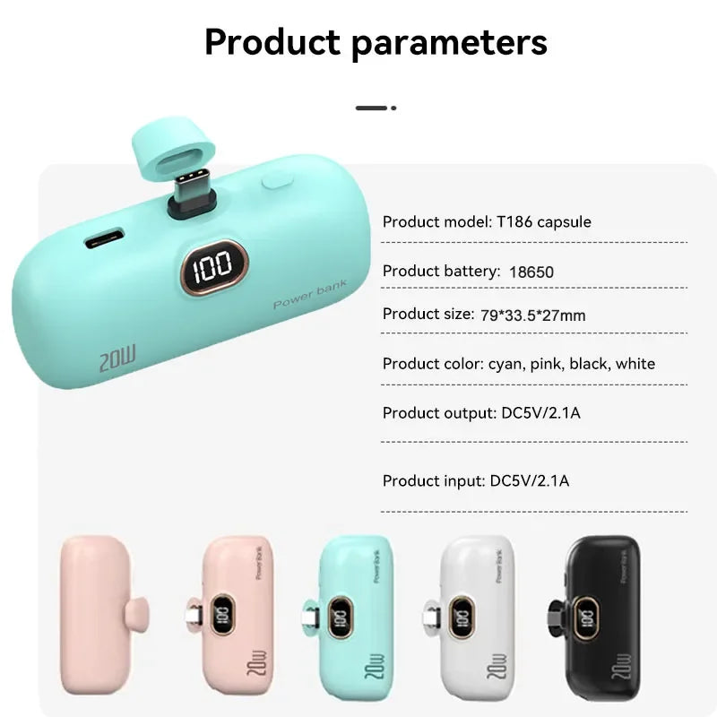 LIEI Mini Capsule Power Bank - 20W Fast Charge, 10000/5000mAh, Built-In Cable