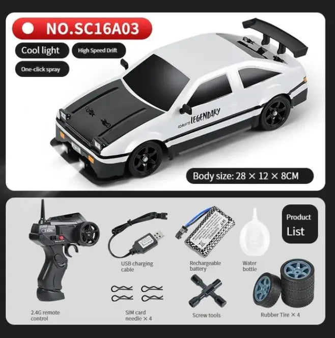 LKCOMO 4WD RC Drift Car - 2.4G, Metal ABS AE86, Light & Spray Effects