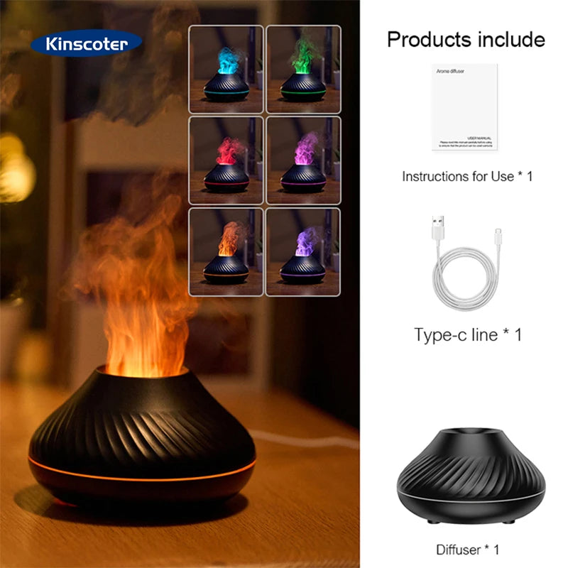 KINSCOTER Volcanic 130ml Aroma Diffuser - USB, Ultrasonic & Colour Flame