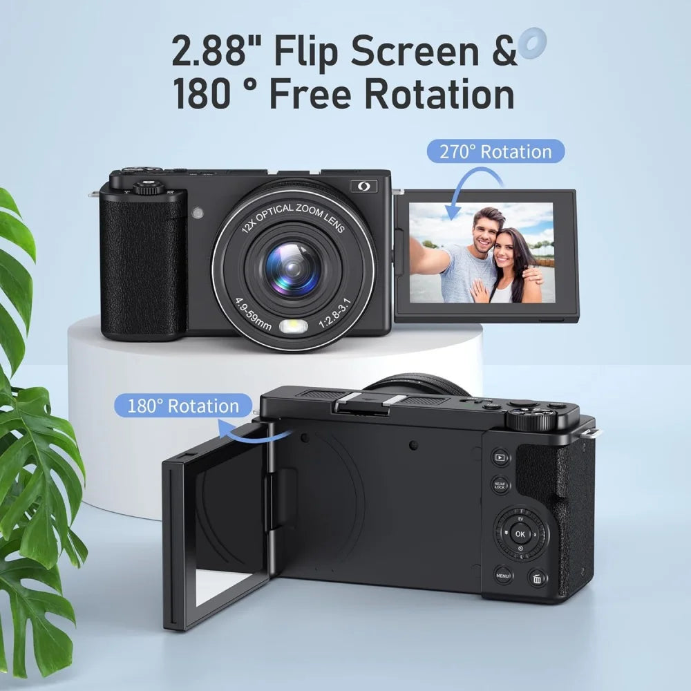 4K 64MP Digital Vlog Camera - 12X Optical Zoom, Flip Screen & Webcam