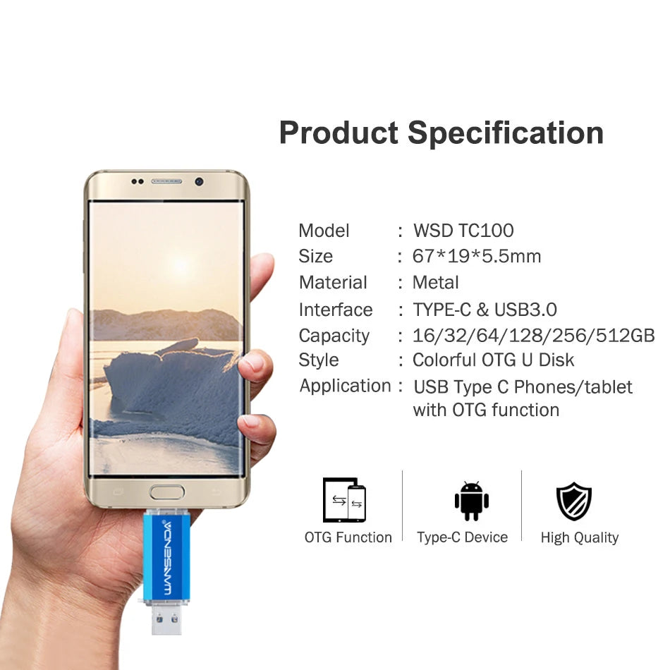 WANSENDA OTG Type-C USB 3.0 Flash Drive - 16GB to 512GB, 6 Colours