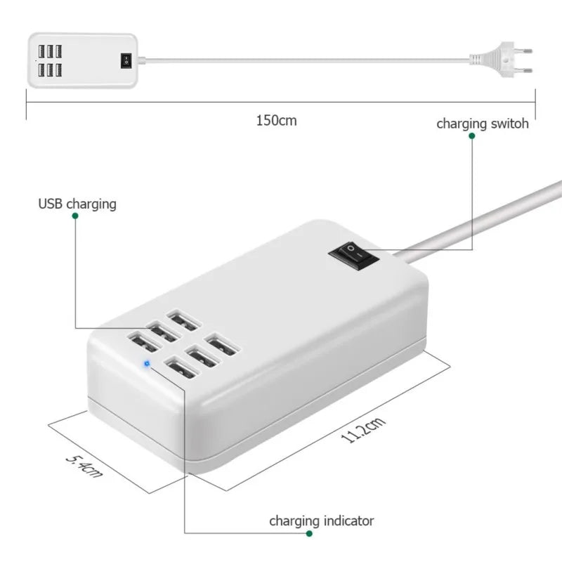 Wsellda 6-Port USB Wall Charger Hub - 5V/3A, EU/US Plug with Switcher