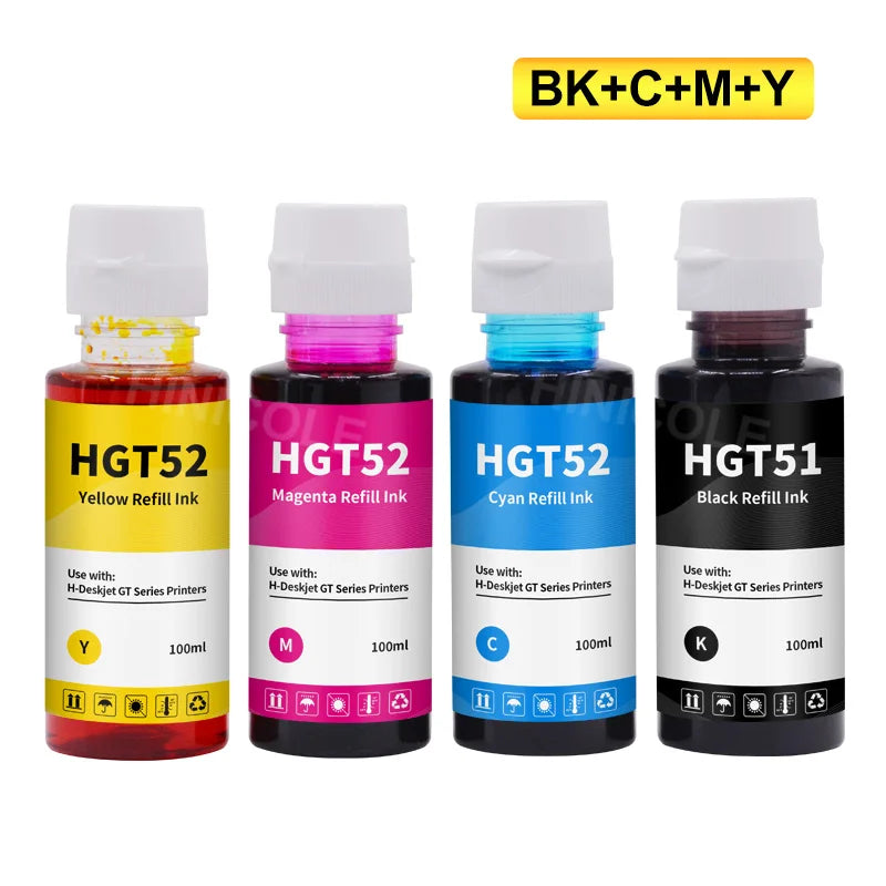 HINICOLE GT51 GT52 Dye Ink Refill Kit - 100ml Compatible Bottles for HP