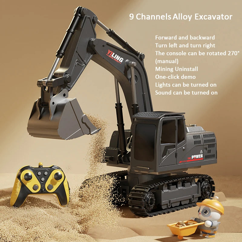 Alloy RC Excavator Toy - Lights, Sound and Multi-Channel Control