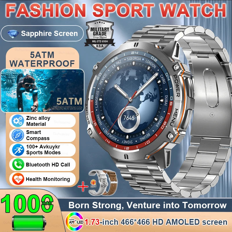 2025 Military GPS Smartwatch - 1.73" AMOLED, 1000mAh, 5ATM & BT Call