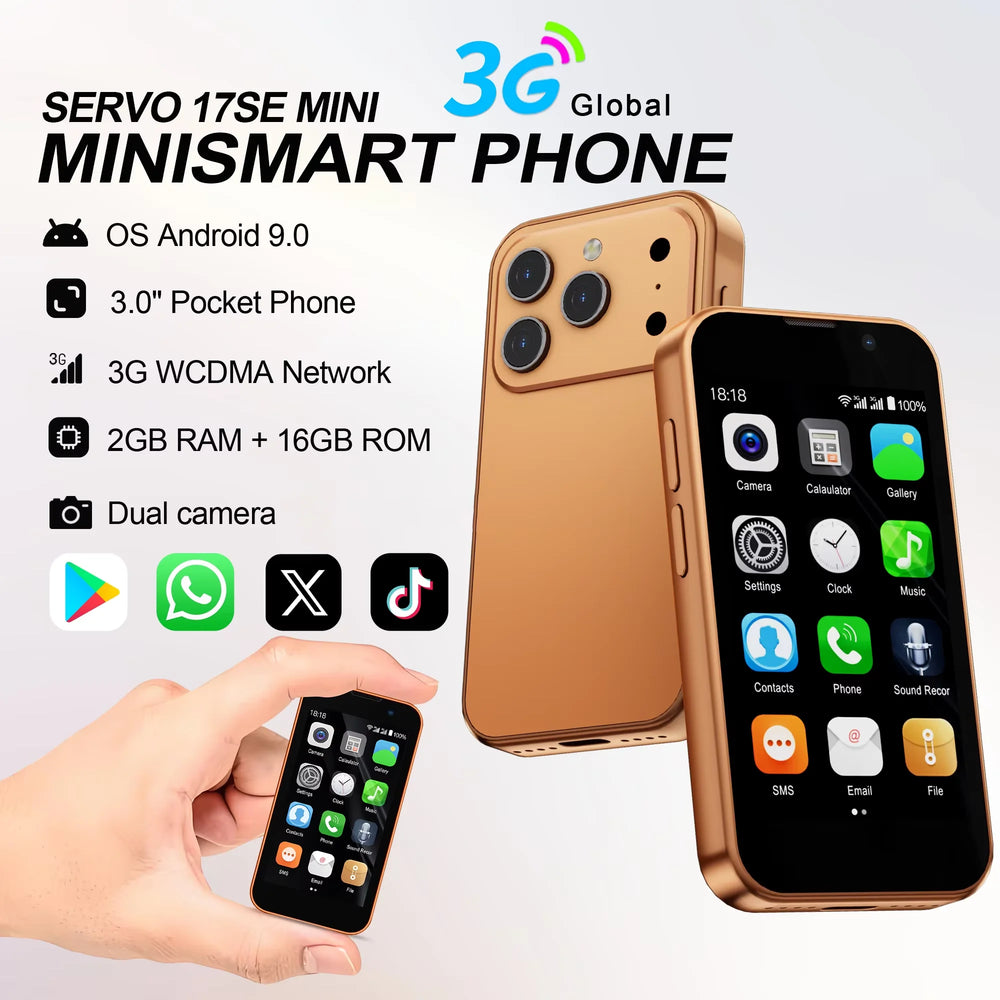 SERVO Mini 2026 Pocket Smartphone - 3.0" HD, 2GB/16GB, 3G, Android 9, GPS