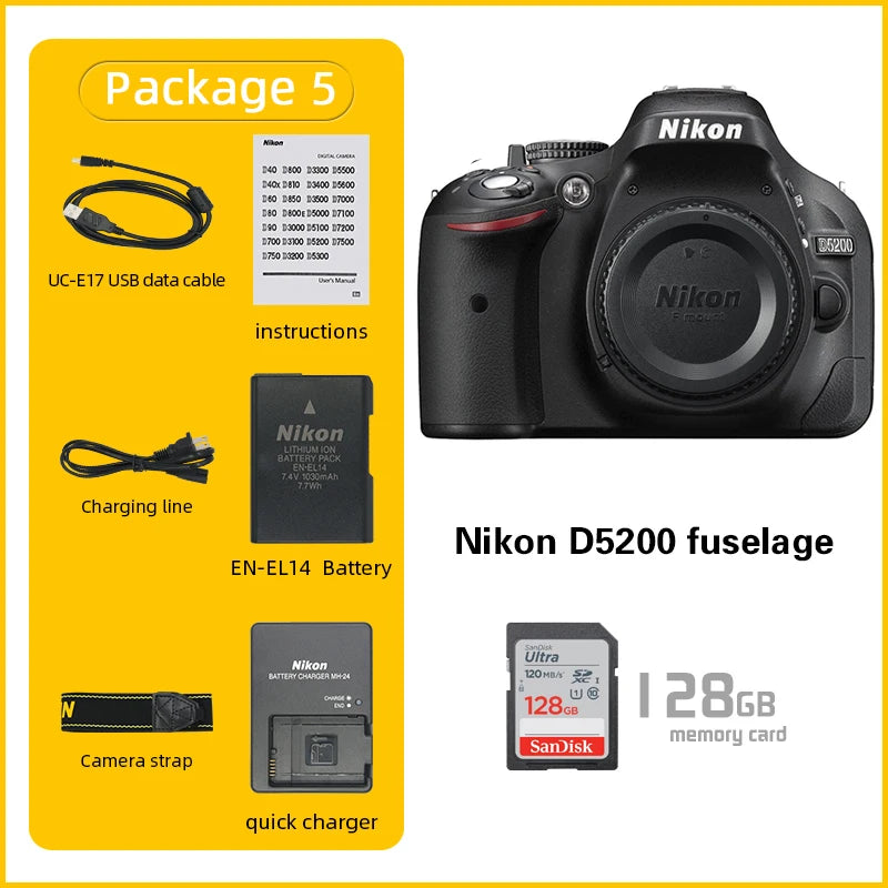 Nikon D5200 24MP DSLR Camera - ISO 6400, EN-EL14, Optional 18-55mm Lens