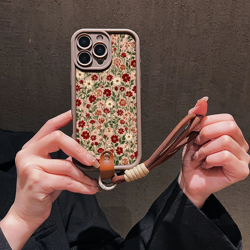 Flower Pattern Lanyard iPhone Case - PC+TPU, iPhone 7 to 17 Pro Max