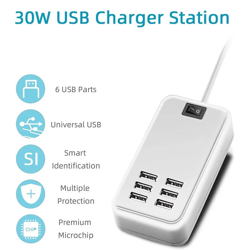 Wsellda 6-Port USB Wall Charger Hub - 5V/3A, EU/US Plug with Switcher