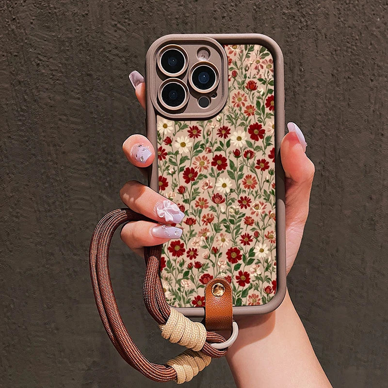 Flower Pattern Lanyard iPhone Case - PC+TPU, iPhone 7 to 17 Pro Max