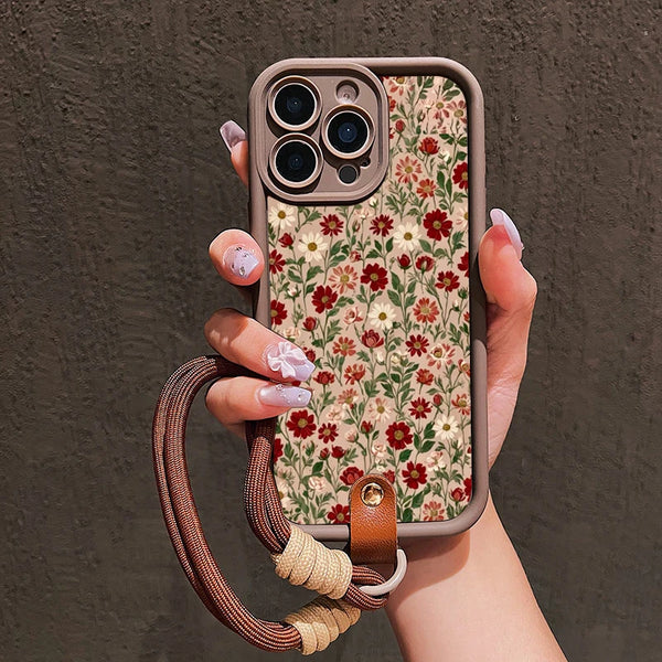 Flower Pattern Lanyard iPhone Case - PC+TPU, iPhone 7 to 17 Pro Max