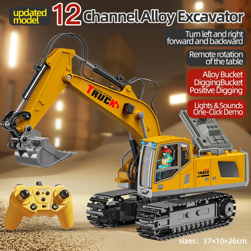 Alloy RC Excavator Toy - Lights, Sound and Multi-Channel Control