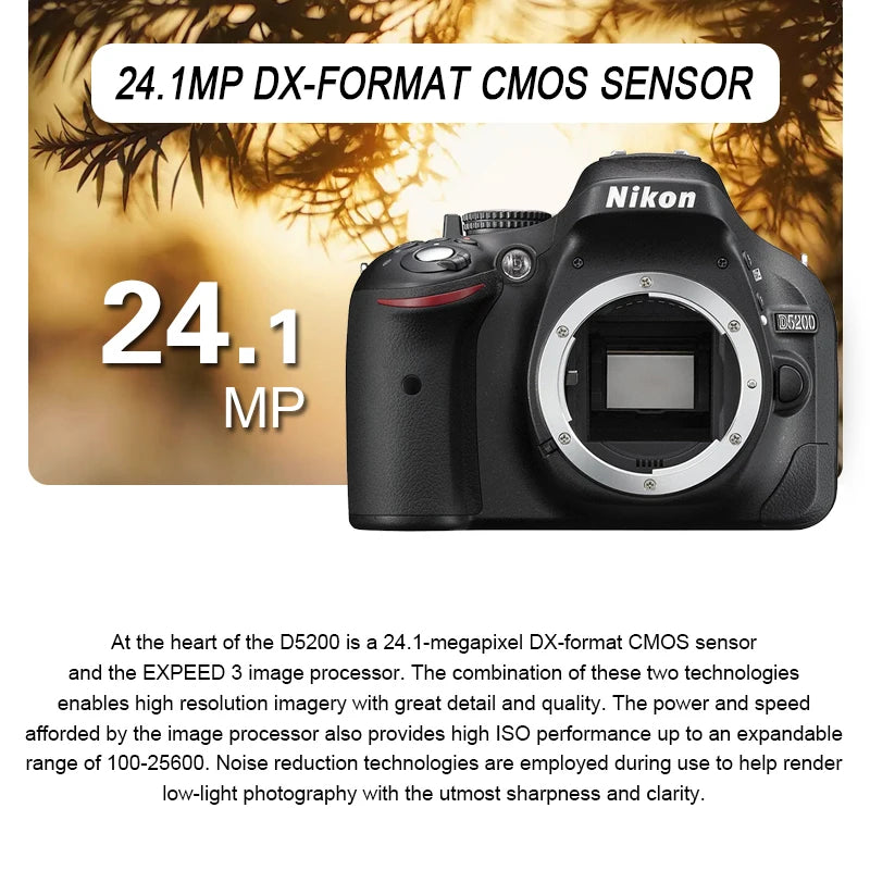 Nikon D5200 24MP DSLR Camera - ISO 6400, EN-EL14, Optional 18-55mm Lens