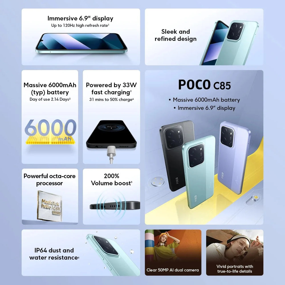 POCO C85 Global - Helio G81-Ultra, 6.9" 120Hz, 6000mAh, 33W, 50MP & NFC
