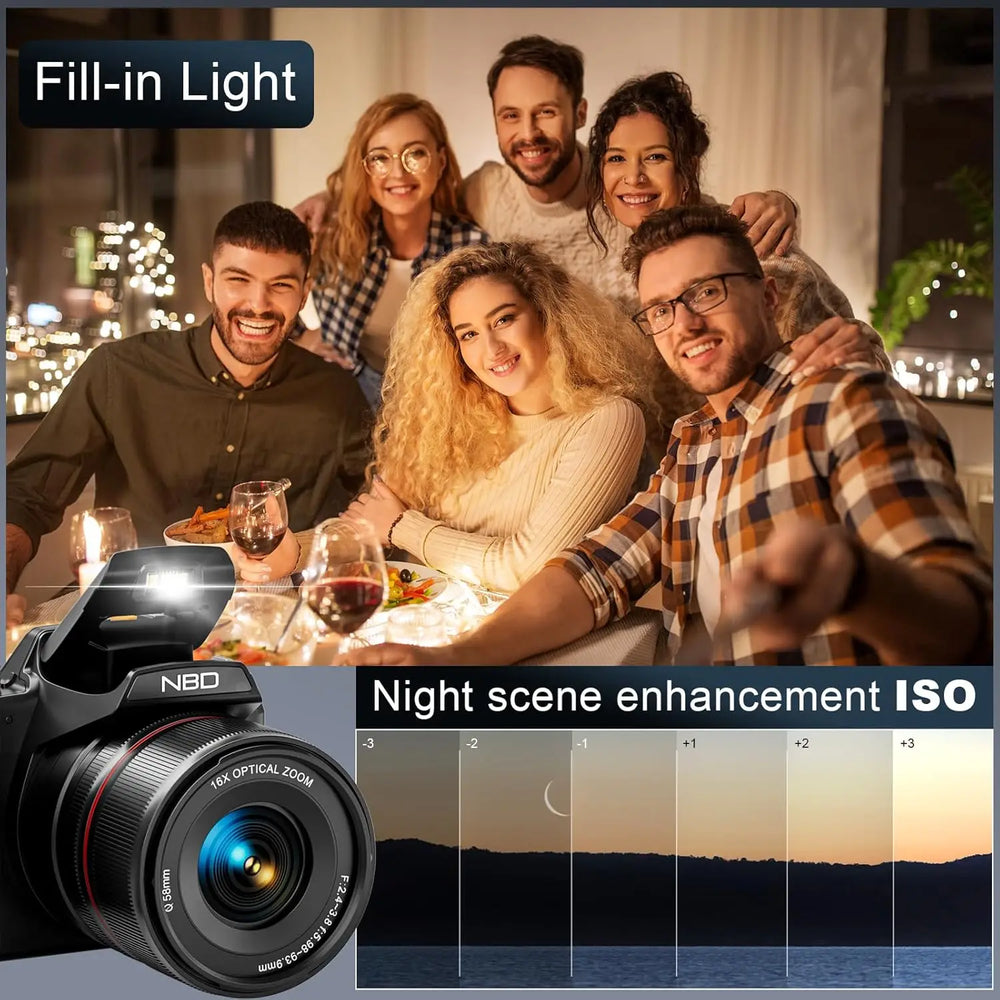 NBD 5K 64MP Camera - 16X Optical Zoom, WiFi App, 180° Flip Screen