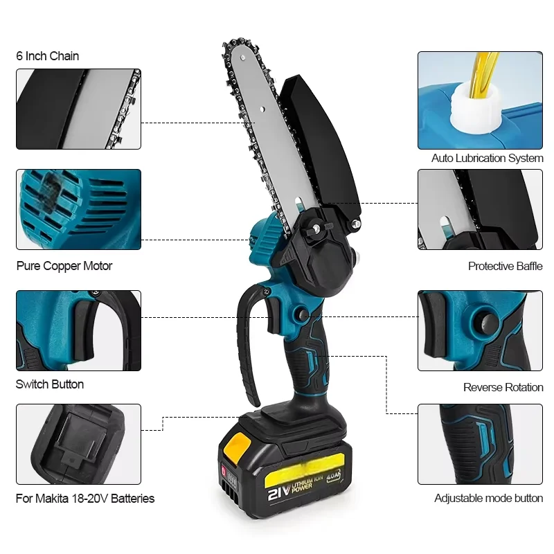 LISI 6-Inch Mini Electric Chainsaw - 1700RPM, 18V Makita Compatible
