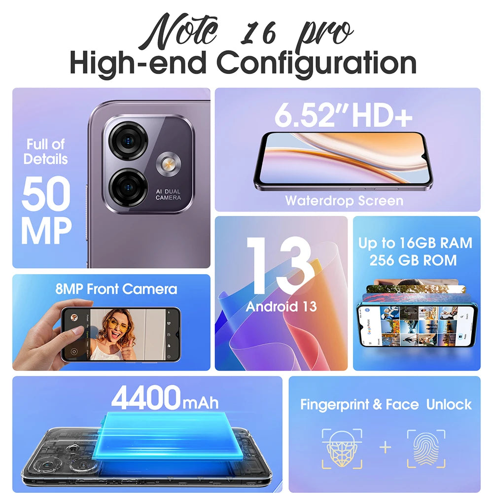 Ulefone Note 16 Pro 4G Global - 16GB RAM, 256GB, 50MP, 4400mAh, Android 13