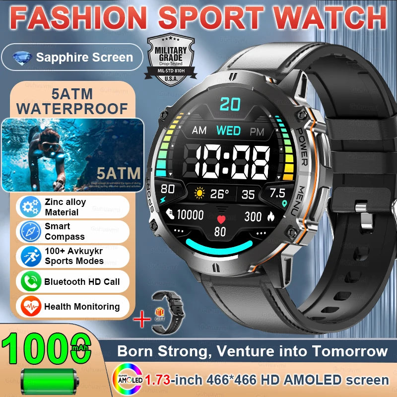 2025 Military GPS Smartwatch - 1.73" AMOLED, 1000mAh, 5ATM & BT Call