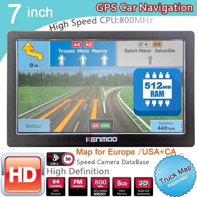KKENMOO 7-Inch HD GPS Navigator 2026 - 512MB RAM, 8GB, Europe/Russia Maps