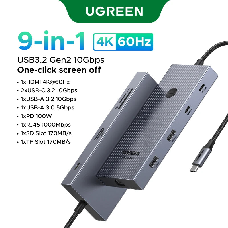 UGREEN USB-C Hub 4K120Hz DP - 2x HDMI, 10Gbps USB 3.2 Gen2 & RJ45