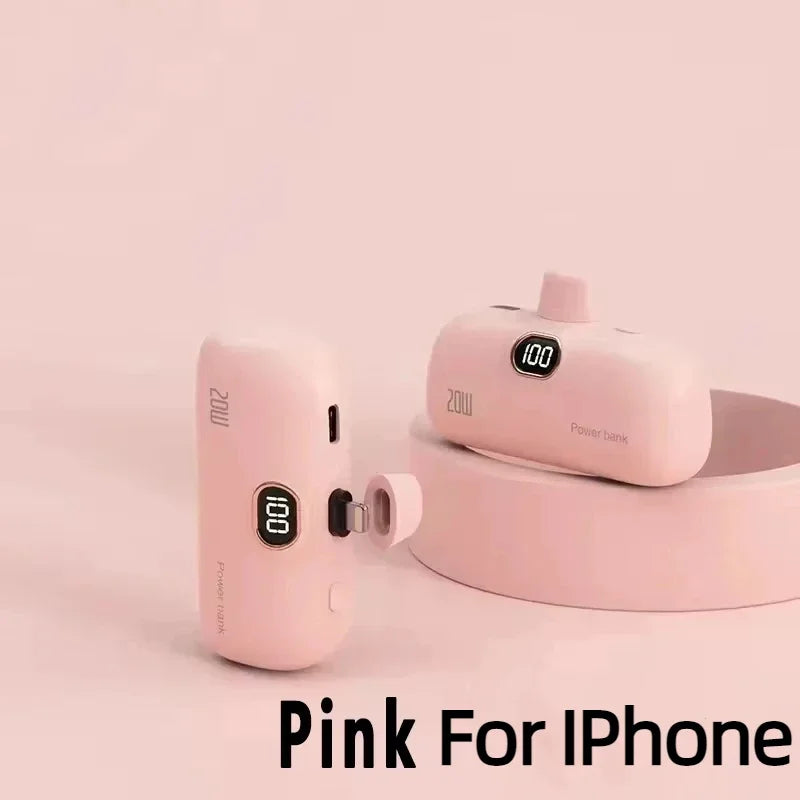 LIEI Mini Capsule Power Bank - 20W Fast Charge, 10000/5000mAh, Built-In Cable