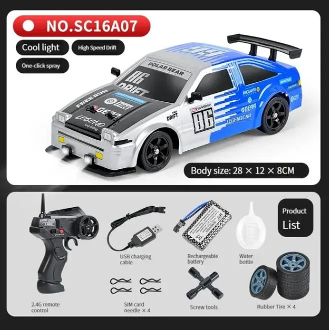 LKCOMO 4WD RC Drift Car - 2.4G, Metal ABS AE86, Light & Spray Effects